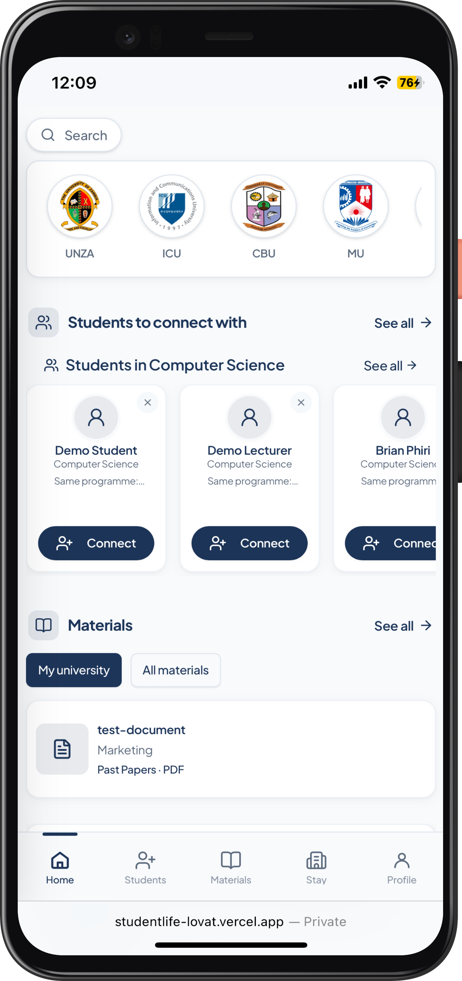 UNIVO mobile app in light mode